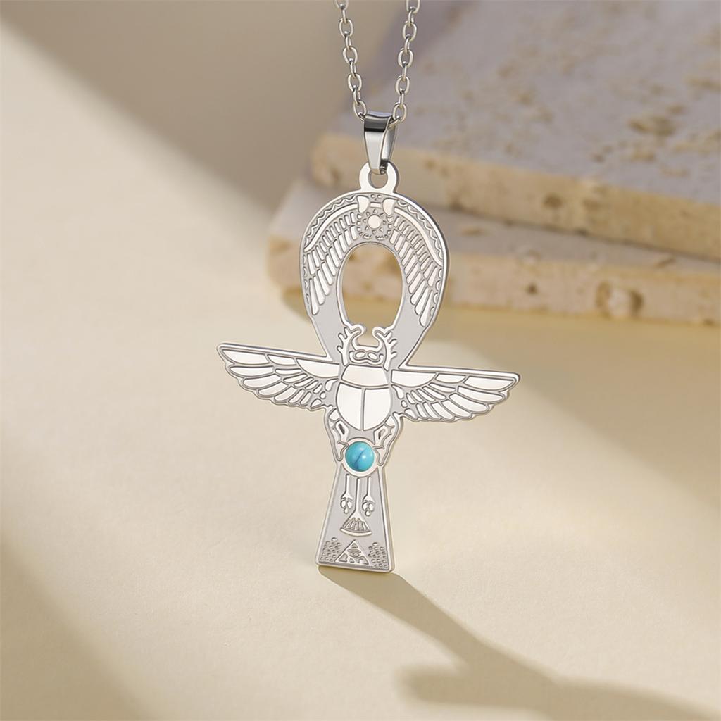 EUEAVAN Ancient Egyptian Ankh Cross Necklace Stainless Steel Turquoise Scarab Pendant Chain Men Women Personality Jewelry Gift