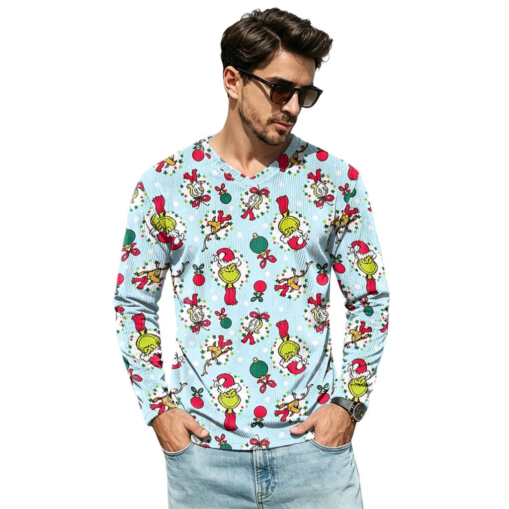Men's Casual Loose Fit V-Neck Shirt with Christmas Print for Holiday Occasions