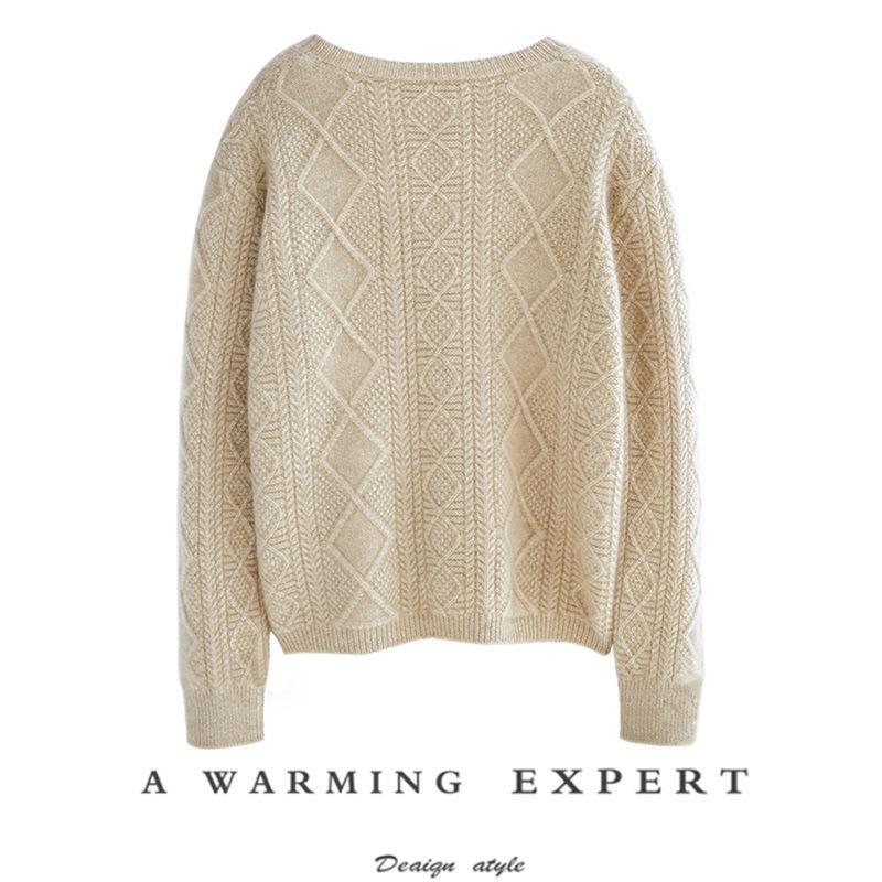 Women's 100% Pure Wool Cable Knit Cardigan – European Style, Thickened, Warm, Loose, Niche Design.
