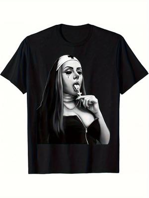 Men's Gothic Horror Design T-shirt Satanist Nuns Print Small Design Men's T-shirt Dark Unique Rebellious Personality Pure Cotton