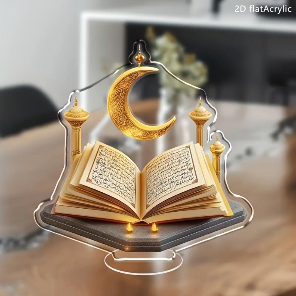 2D Quran Desktop Decorations Acrylic Ramadan Moon Star Moon Castle Ornament with Base Handicrafts Eid Mubarak Decoration