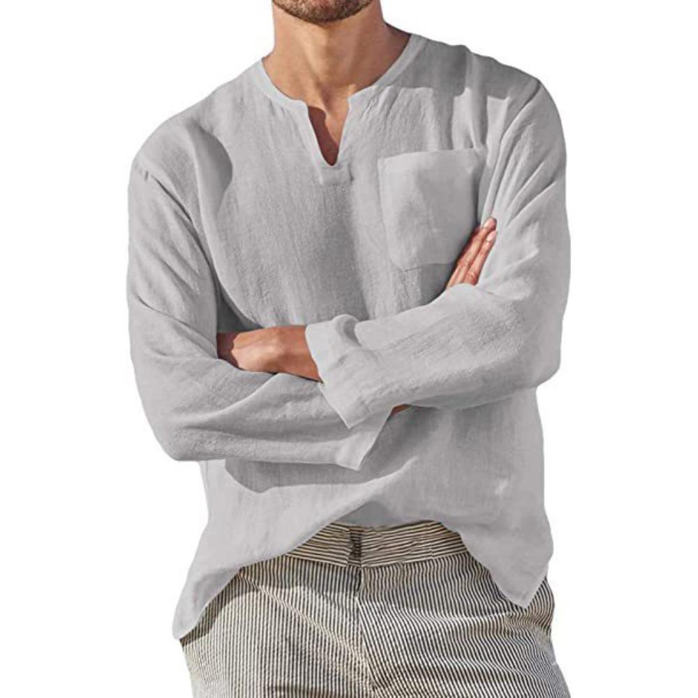 Men's Long-Sleeved V-Neck Casual Beach Linen Shirt