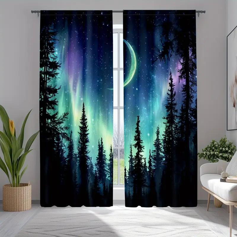 2 Pcs Aurora Forest Moon print curtains  suitable for bedroom  living room kitchen decoration  home decoration  window decoration