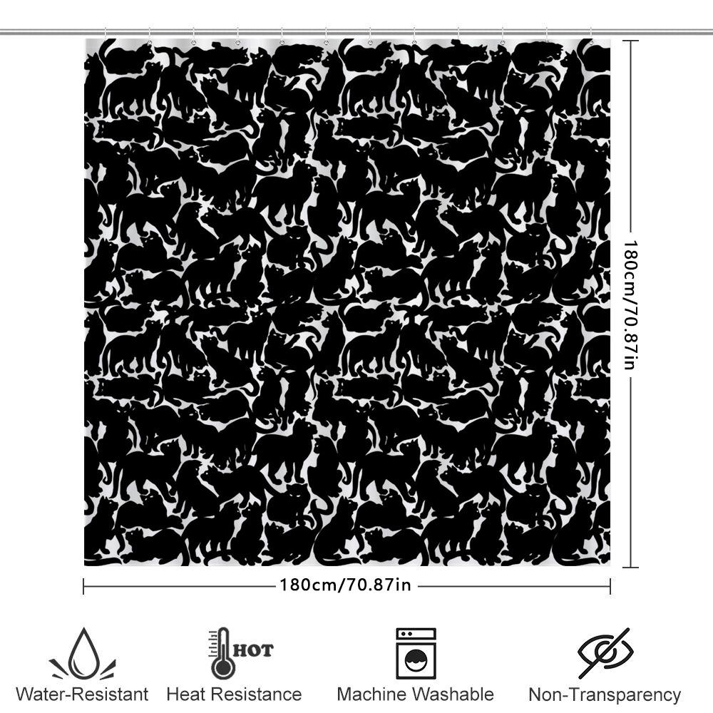 Black White Silhouette Cat Shower Curtain Set For Bathroom Decor Modern Home Accents