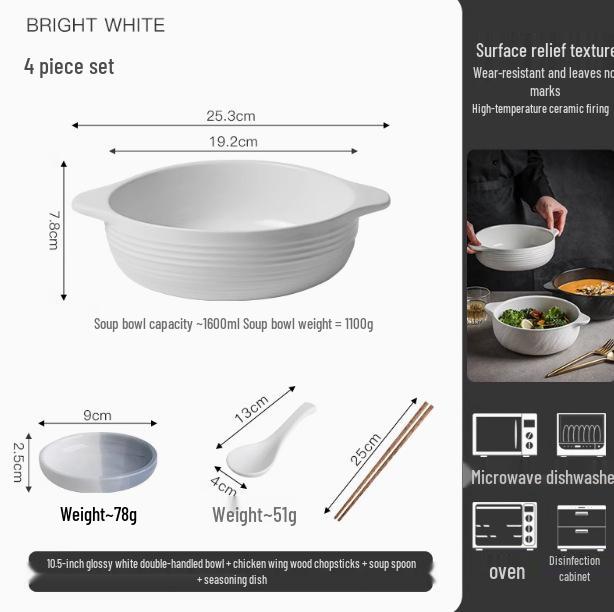 White Double-Ear Ceramic Soup Bowl, Large Noodle/Fish Basin, Anti-Scald, High-End Feel for Home Use