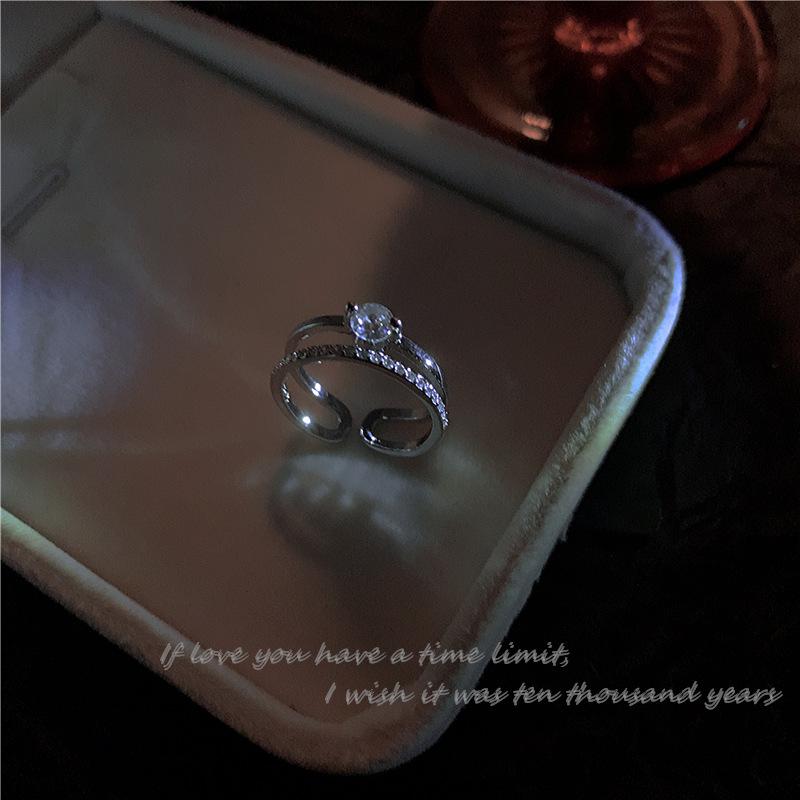 Simple design, slightly inlaid zircon ring for women, geometric double-layer opening adjustable index finger ring jewelry opening adjustable