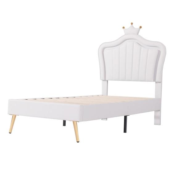Bed Children Upholstered 90 x 200cm Frame for Girls White Crown Double Made of Faux Leather with LED Lights Slatted And Backrest (Mattress