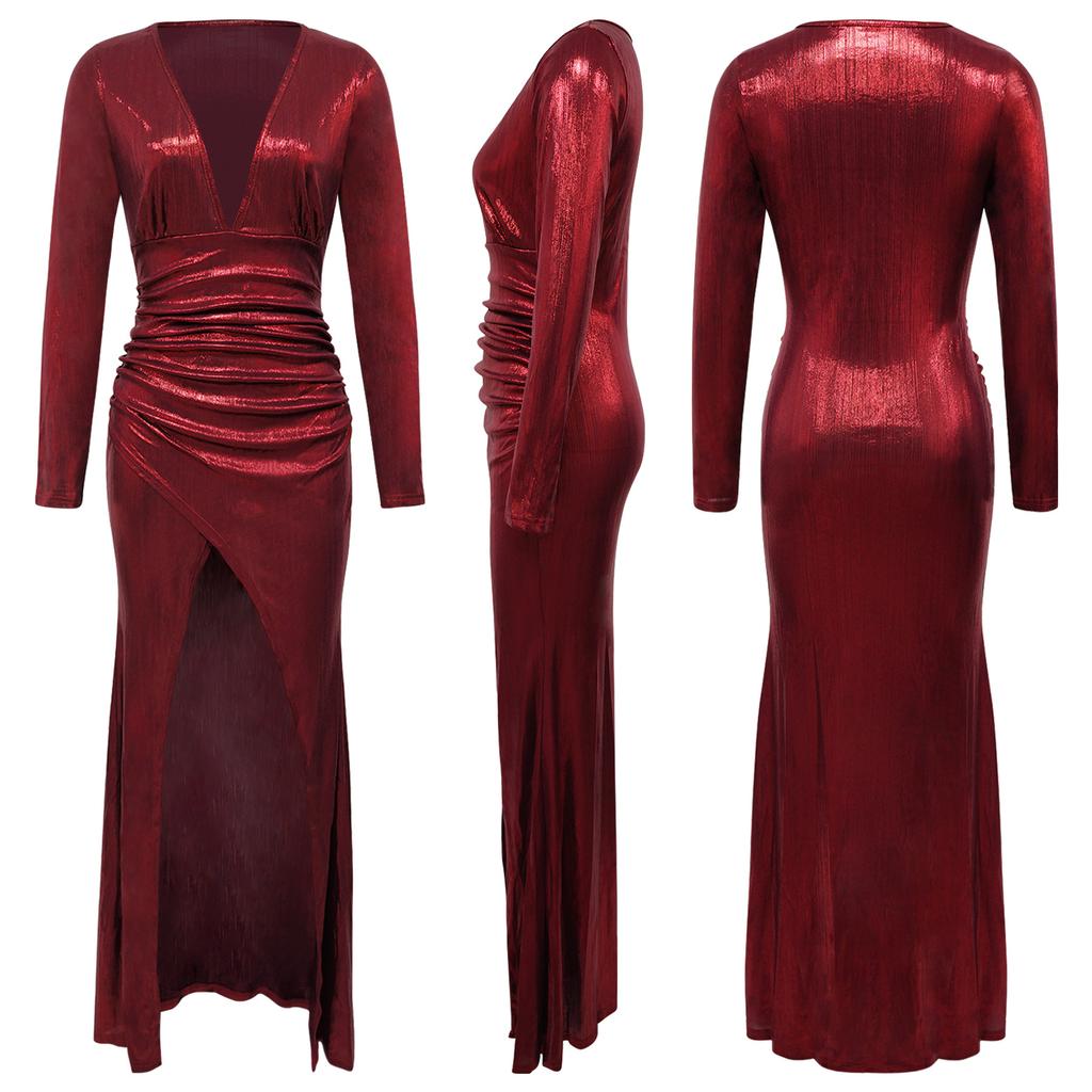 Women Sexy Shiny Metallic Deep V Neck Long Sleeve Ruched High Side Slit Bodycon Maxi Dress Evening Cocktail Party Prom Night Out Formal Gown
