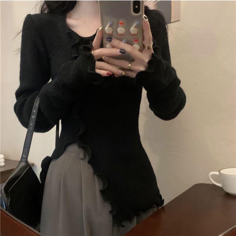 Asymmetric Long Sleeve Top Knit Base Layer for Women Autumn Thin Slim Fit Short Split Inner Wear Hot Girl Top