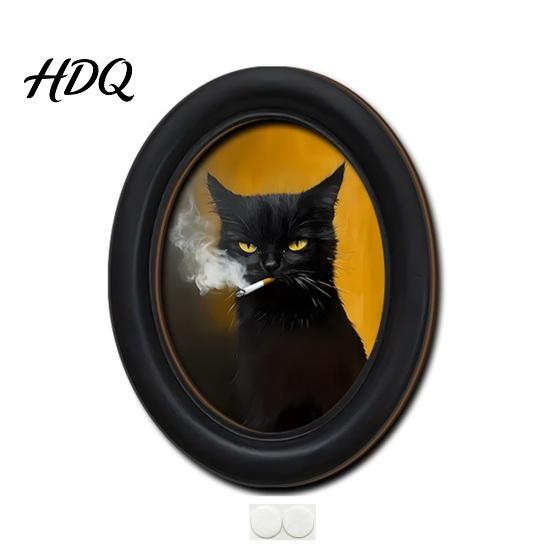 Abstract Expressionist Cat Prints Art Wall Decor Oval 2D Wood Framed Funny Painting Deconstructive Style Print Vintage Ornament for Living