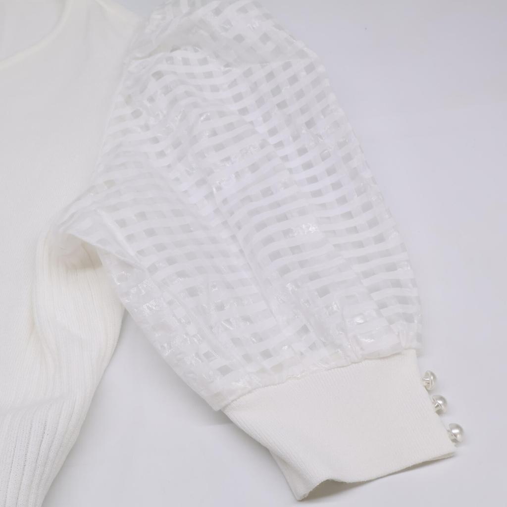 Rene 5422030 White Cotton Coated Pearl Sheer Check Puff Sleeve W-Zip Cardigan Tops 38 whiteUsed