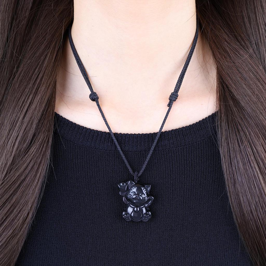 Glückskatze Obsidian Glückskraft Stein Halskette Unisex [Koai]