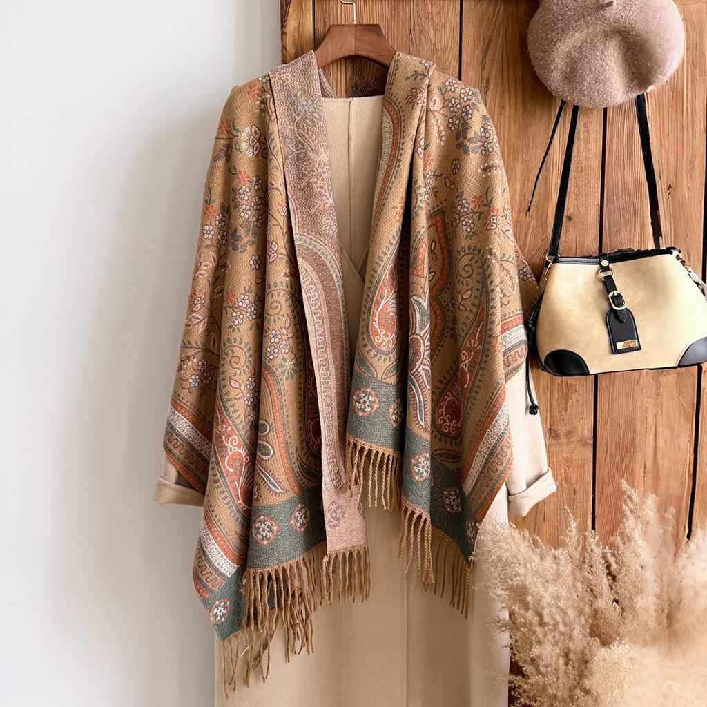Fashion Women'S Winter Cashmere Shawl - Vintage Floral Printed Tasseled Oil Painting Style Pashmina Thick Wrap & Echarpe