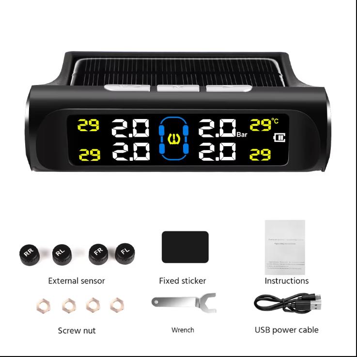 Solární snímač tlaku v pneumatikách TPMS Systém monitorování tlaku v pneumatikách automobilu s externími snímači 4 kol TMPS