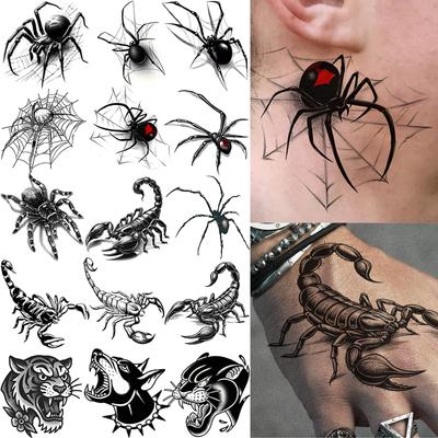 1 Arkusz Pająk Skorpion Zwierzę Tymczasowe Tatuaże Dla Mężczyzn Ręce Szyja, Realistyczny Fałszywy Tatuaż Naklejka Długotrwały Halloweenowe Tatuaże