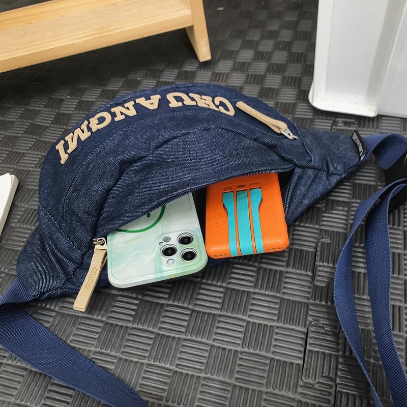 Women's Denim Chest Bag Letter Crossbody Bag Waist Bag Men's Large Capacity Sports Bag