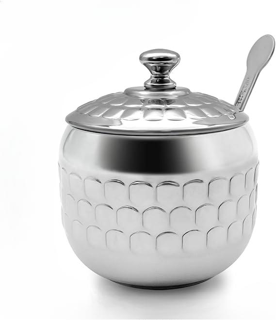 1PC Stainless Steel Sugar Bowl Coffee Seasoning Jar Condiment Pot Spice Container Canister Cruet with Glass Lid and Spoon