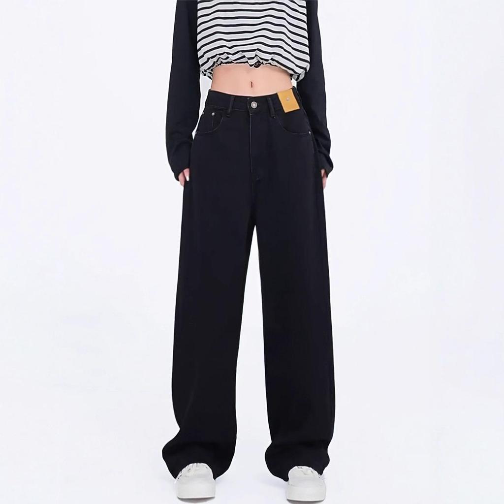 Jeans Noirs Droits Taille Haute pour Femmes en Forme Poire - Coupe Ample, Grandes Tailles, Automne/Hiver