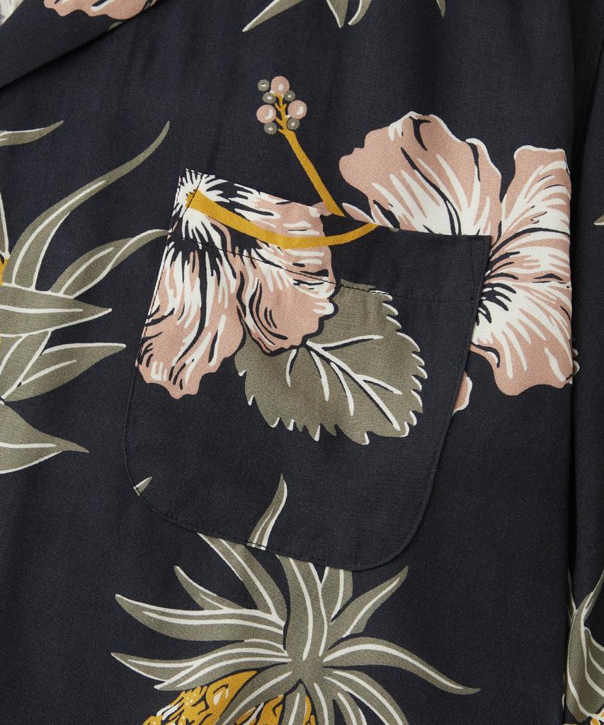 OUTSTANDING Hawaiian Open Collar Half Shirt Hibiscus_Black