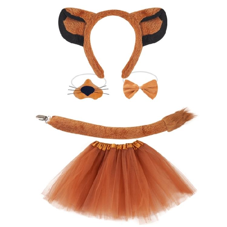Set Cerchietto Capelli Leone Coda Peluche Naso Finto Orecchie Cane Fascia Gonna a Rete Marrone Set Cosplay Animali per Halloween