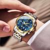 OLEVS Men's Watch with Moon Phase Timer, Quartz Movement, Stainless Steel Band, Simple and Fashionable, Waterproof, Luminous, Date Display, Blue