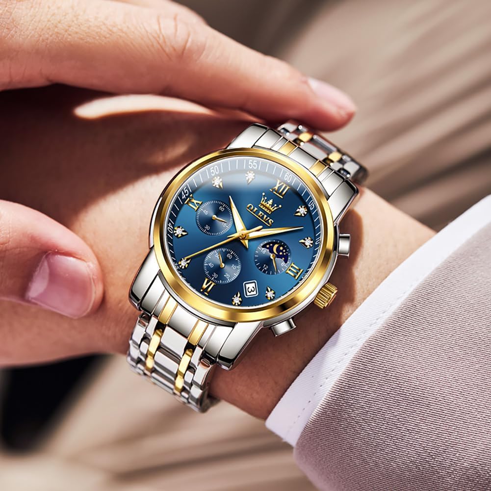 OLEVS Men's Watch with Moon Phase Timer, Quartz Movement, Stainless Steel Band, Simple and Fashionable, Waterproof, Luminous, Date Display, Blue