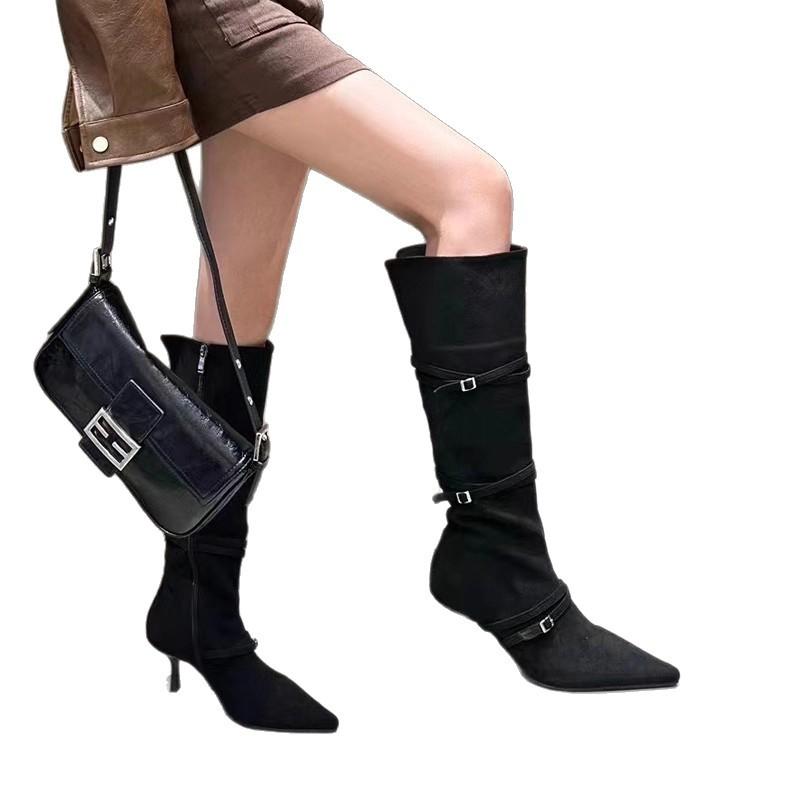 Fashion Fine Boots Skinny Boots Women's Thin Straps Pointed Suede Thin Heels High Boots But Knee High Heels Boots Women