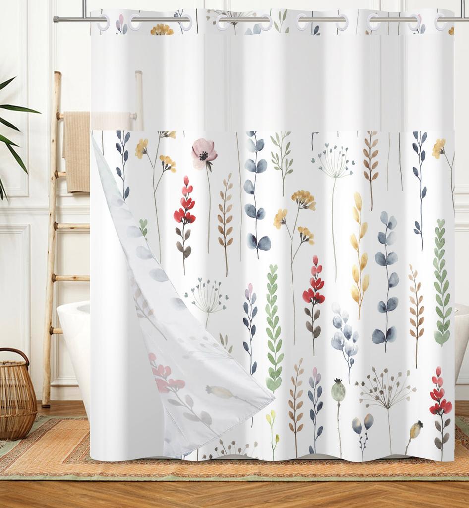 Hookless Double Layer Shower Curtain Waterproof Removable Lined Leaves Plants Flower Modern Bathroom Decorative Shower Curtains