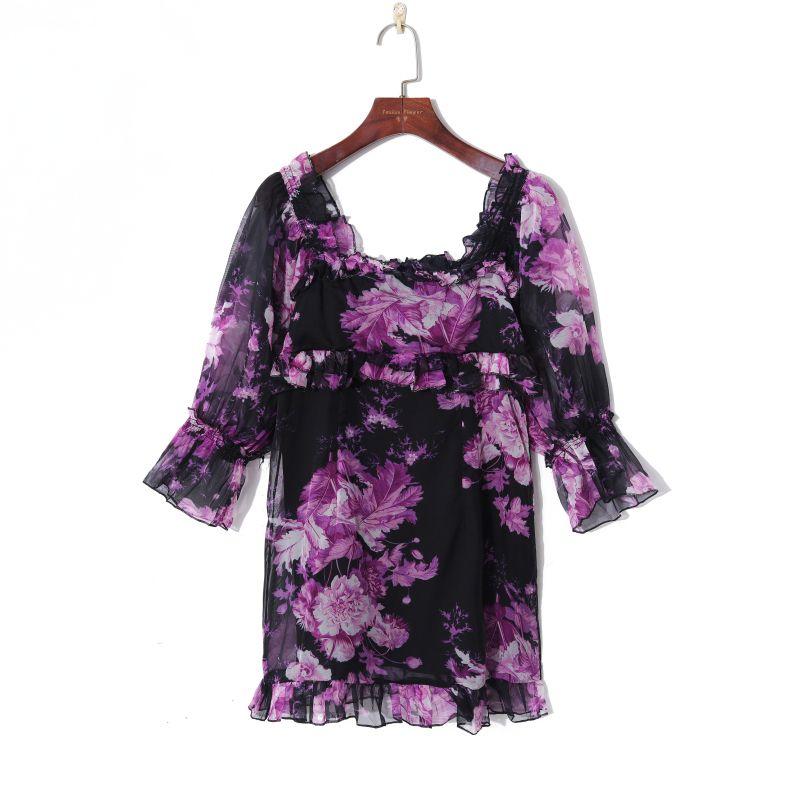 

2023 Fall Women s Clothing Fresh Print Sweet Fungus Trim Square Collar Pullover Puff Sleeves High Waist Slim Looking Dress Purple flowers with black background S