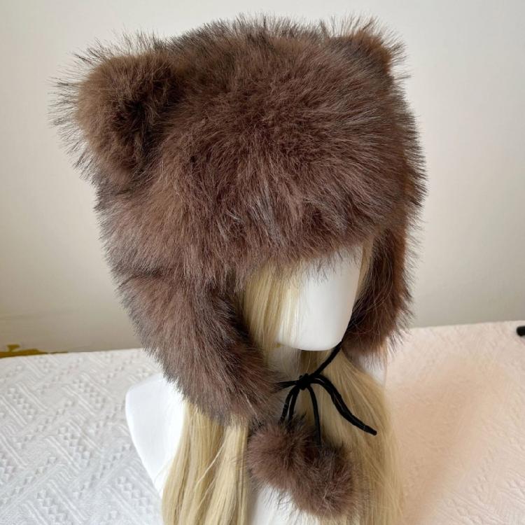 Furry Plush Winter Caps with Animal Ear Funny Ear Scarf Hat for Adult Teens Soft and Warm Thicken Trapper Hat for Outdoor
