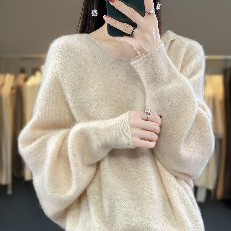 Autumn and Winter Knitted Sweaters Hoodies Women's Hooded Knitted Sweaters Loose and Warm V-neck Pullovers for Women