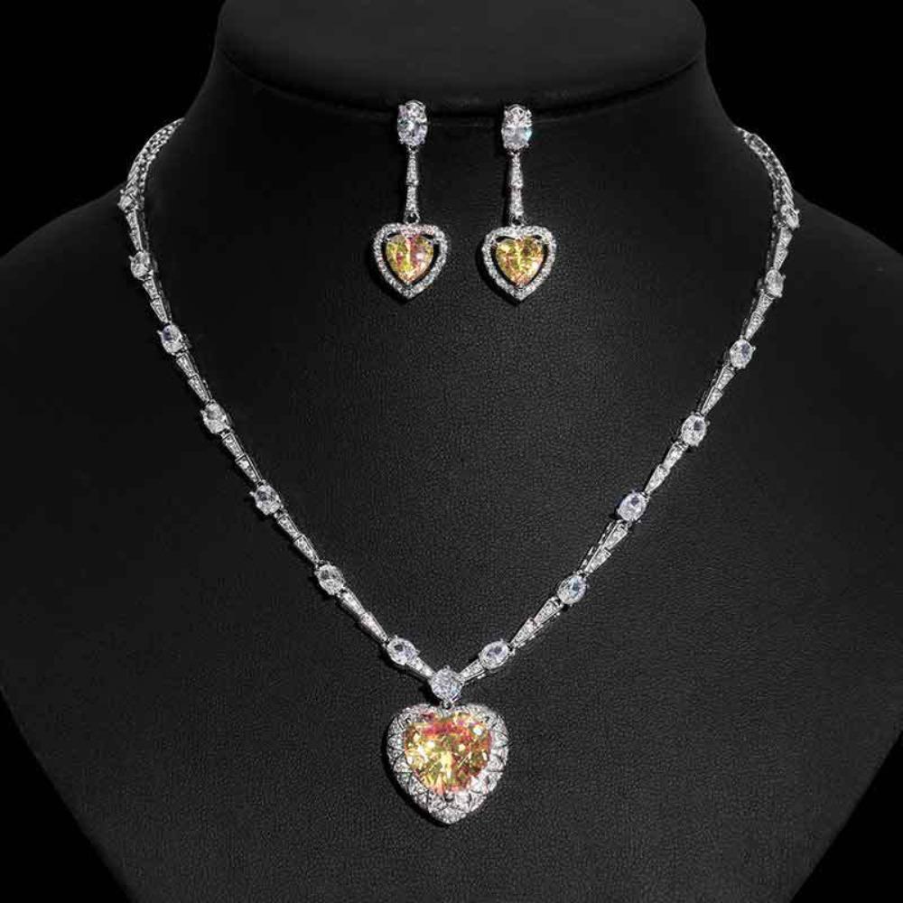 Elegant Pink Heart Zircon Necklace Set with Earring Ring Fashion Jewelry for Women