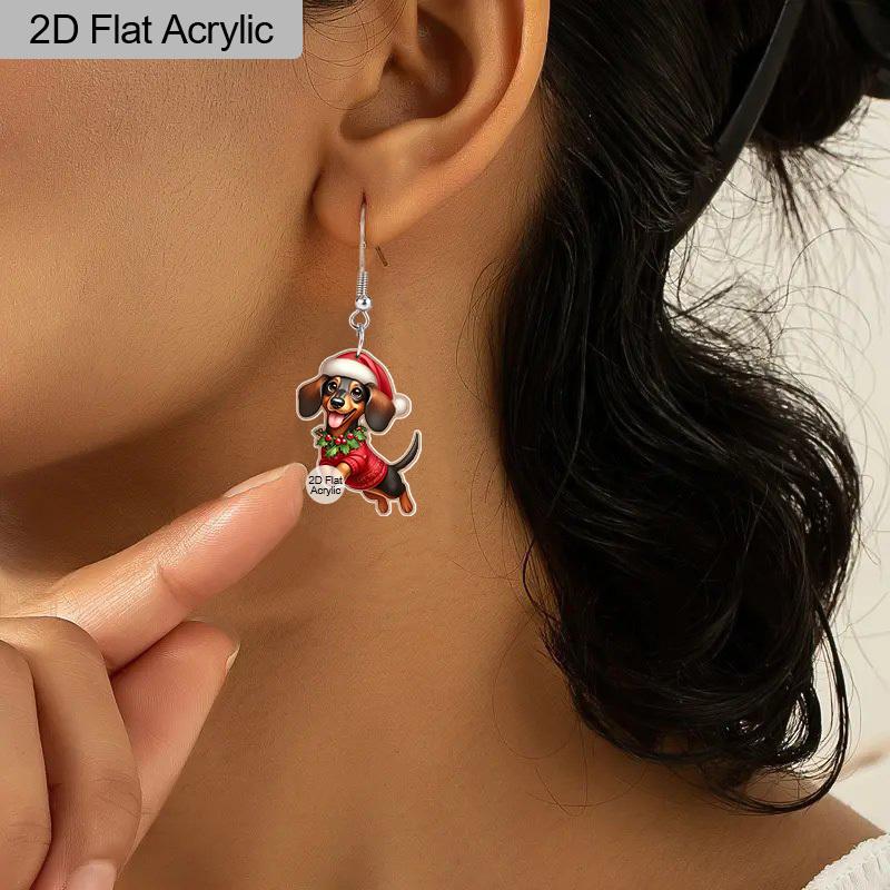 2D Flat Christmas Festival Christmas Hat Dachshund Painting Earring for Christmas Jewelry for Women Female