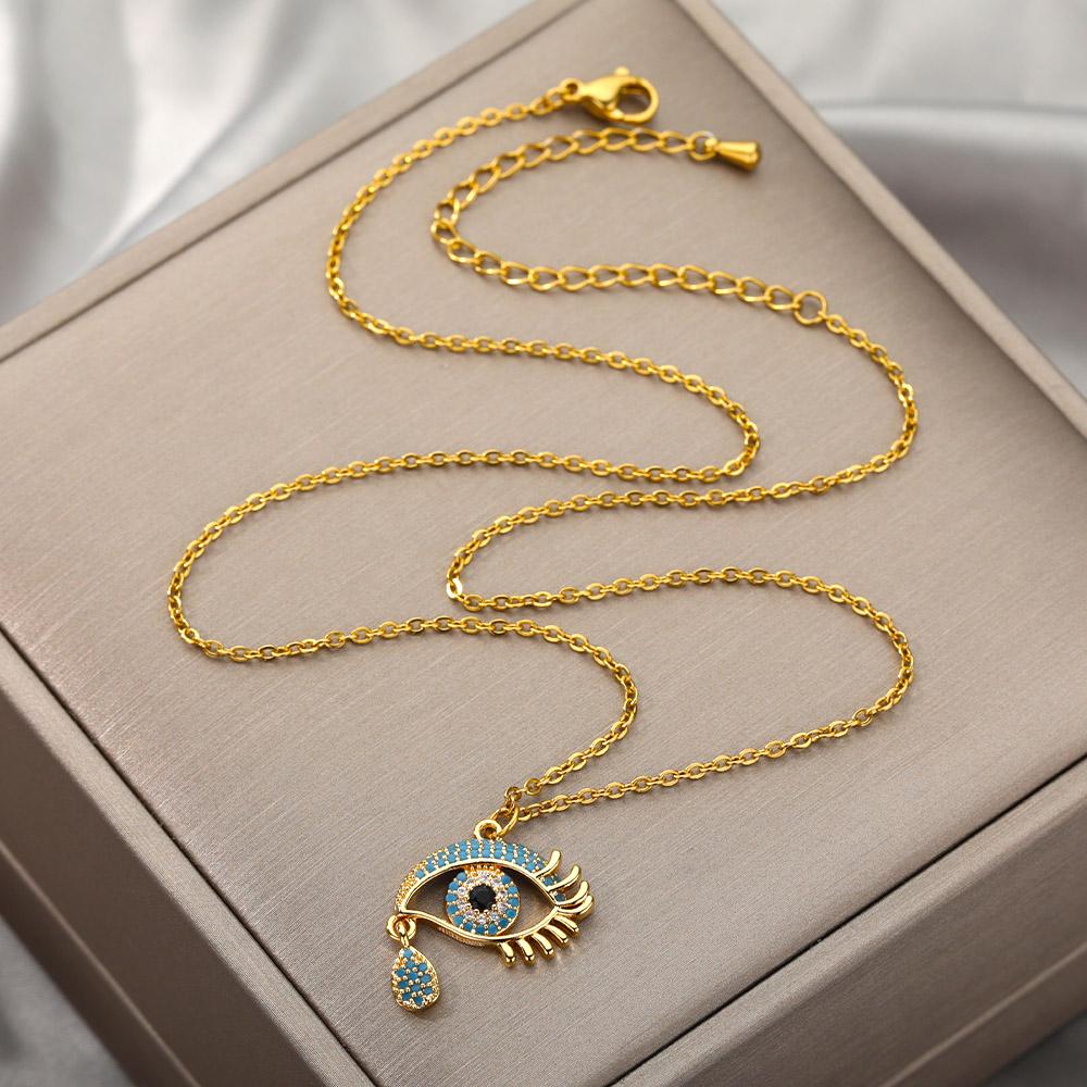 Zircon Blue Evil Eye Necklace for Women Gold Color Stainless Steel Necklace Lucky Turkish Eye Pendants Chain Jewelry Gift collar