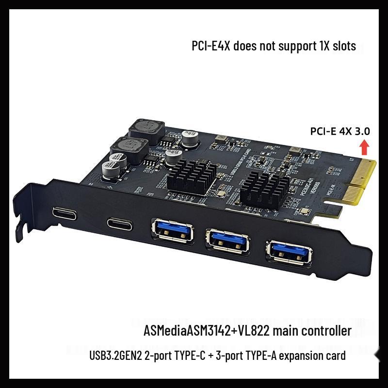 10Gbps USB3.2 PCI-E 4X Expansion Card with Asmedia ASM3142 - 5 Ports, Type-C