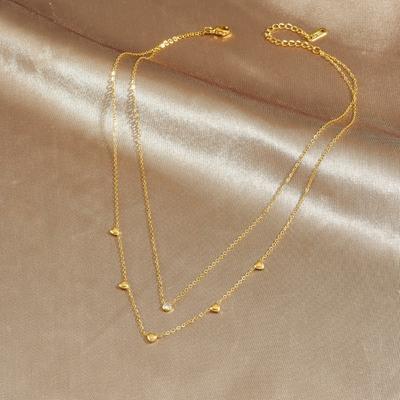 Gold Double Layer Heart Pendant Necklace, Dainty CZ Cable Chain Necklace, Elegant Adjustable Jewelry for Women Daily Wear Gift