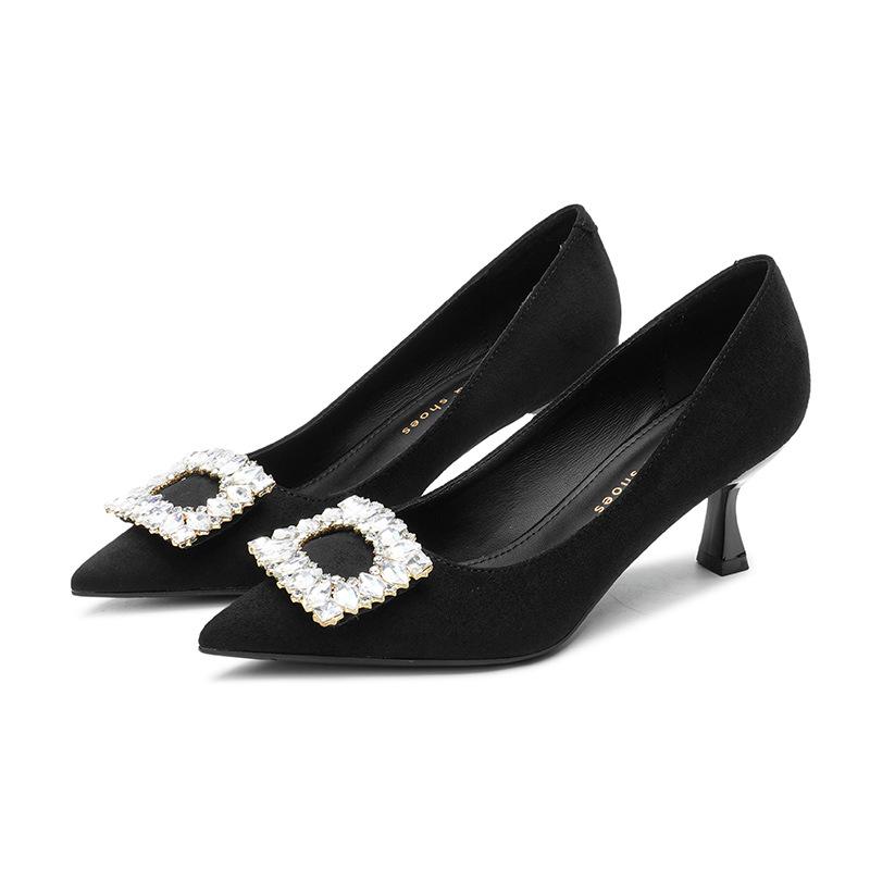 8-Rhinestone square buckle high-heeled single shoes women's autumn new pointed stiletto suede high heels
