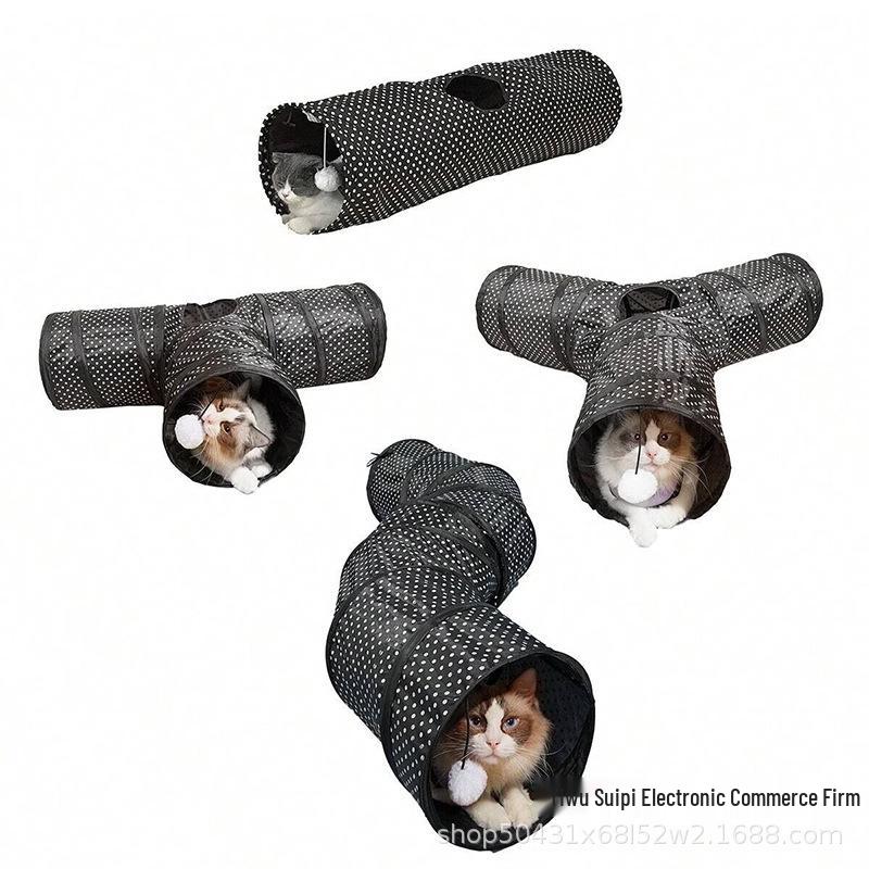 Compact Educational Foldable Three-Way Y-Shaped Cat Tunnel Toy S-shape - Black Dots