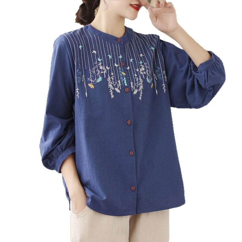 Women's Long Sleeved Shirt Plus Size Top Shirt Cotton Spring Outfit Loose Middle-aged Embroidered Shirt