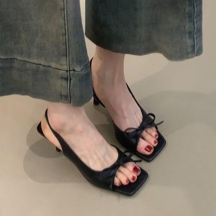 New bow-tied back strap high heels for women's 2025 new summer outer wear one-word with temperament open-toed square head sandals
