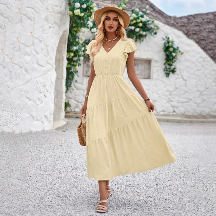 Vestido Feminino de Verão Casual Decote V Slim Cor Sólida Linha A Cintura Alta Camadas Vestidos Longos Primavera Manga Curta Folha de Lótus S-XL