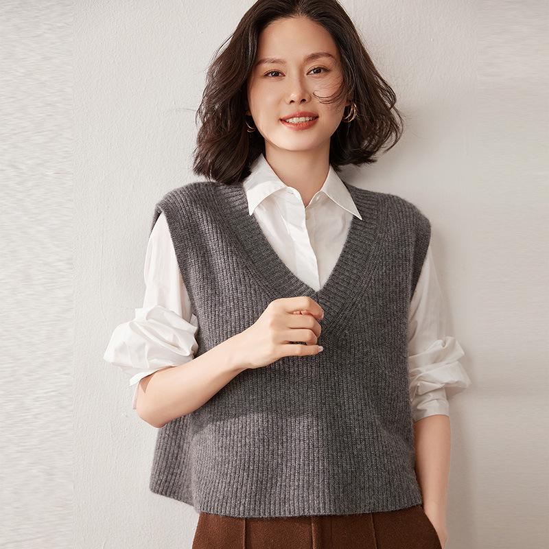 Lekasha Women's Cashmere V-Neck Sleeveless Knit Vest - Autumn/Winter Fashion