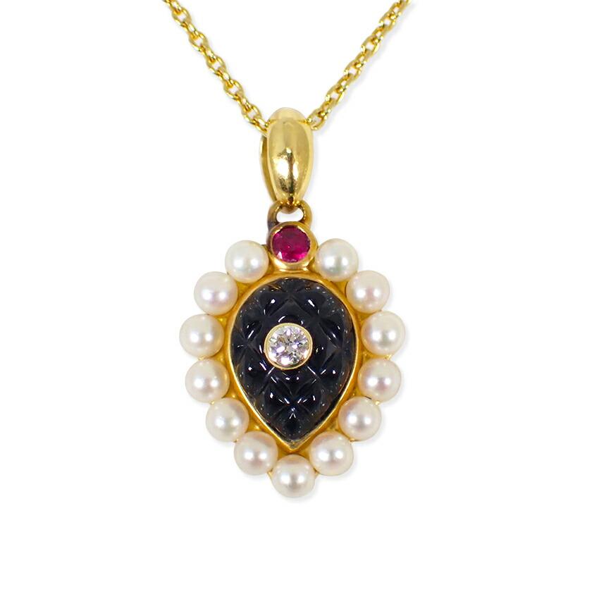 

[Pre-owned] Christina Han K18 Diamond, Pearl, Onyx, and Ruby Pendant/Necklace/j59-1
