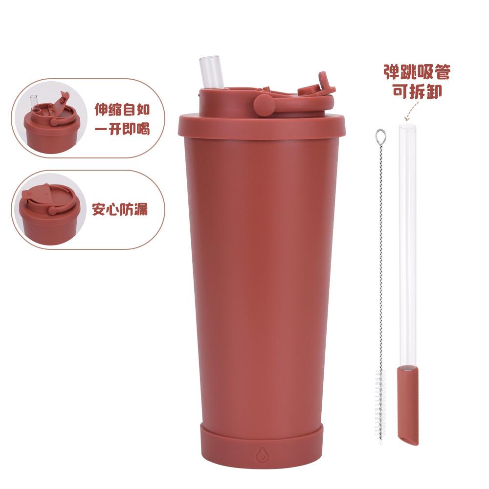 710Ml Stainless Steel Bouncing Straw Cup Suction Pearl Portable Handle Retractable Straw Thermos Cup
