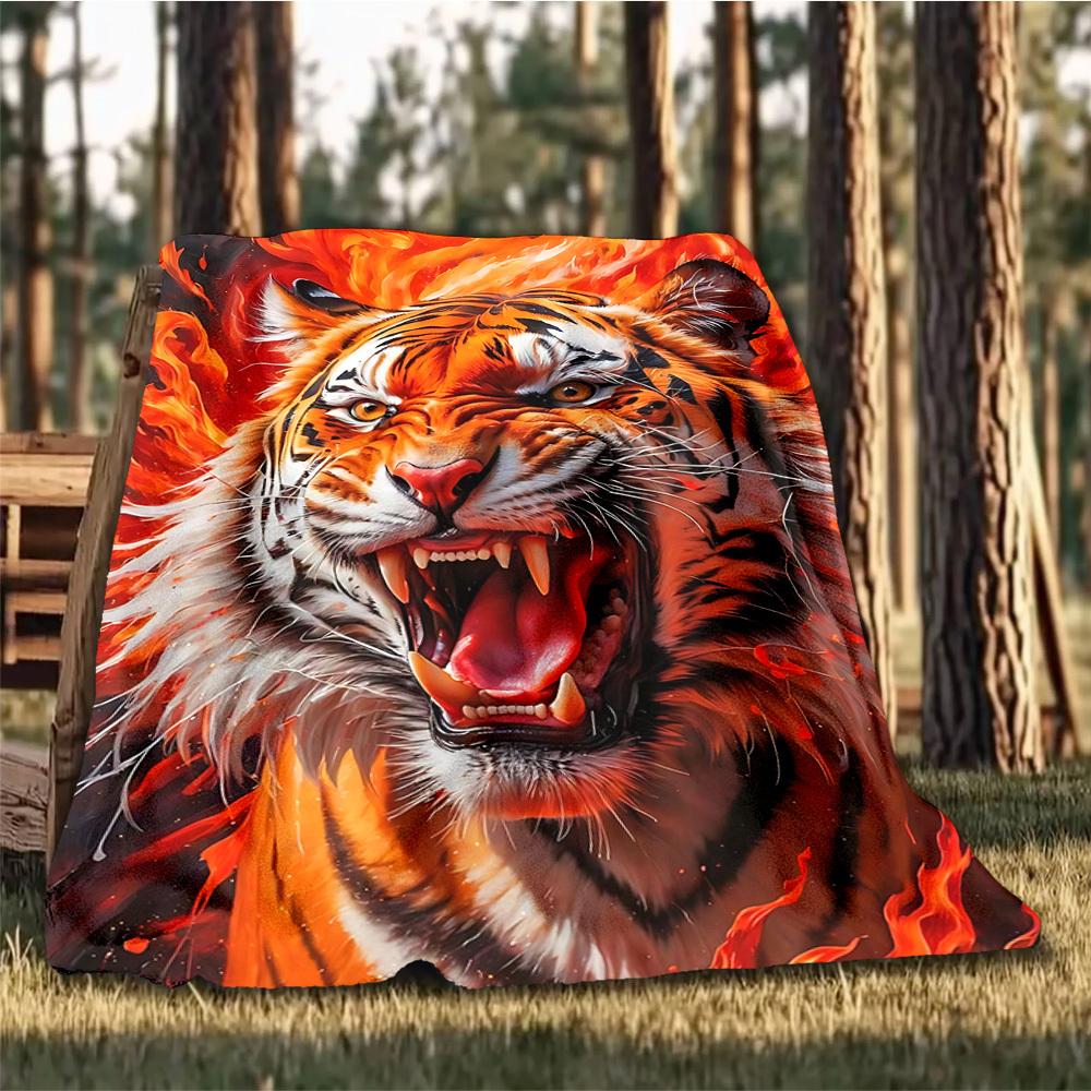 1pc Tiger Flames Print Outdoor Blanket, Lightweight Polyester,