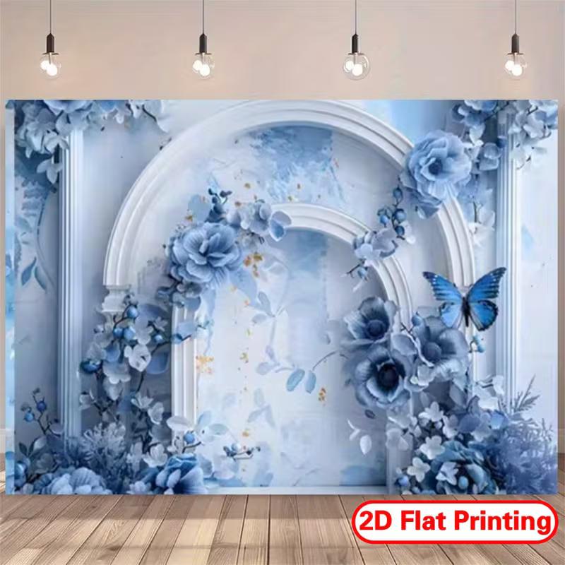 

2D 2D Flat Blue Floral Arch Backdrop, Blue Butterfly Photography Background for Parties 47.2x31.5inch/120*80cm