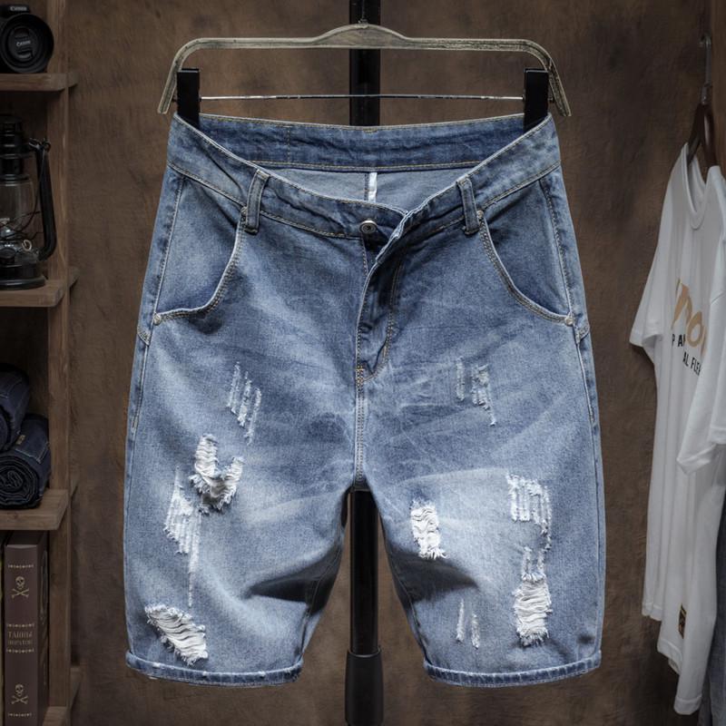Boys' Slim Fit Light Blue Ripped Denim Shorts with Whisker Print