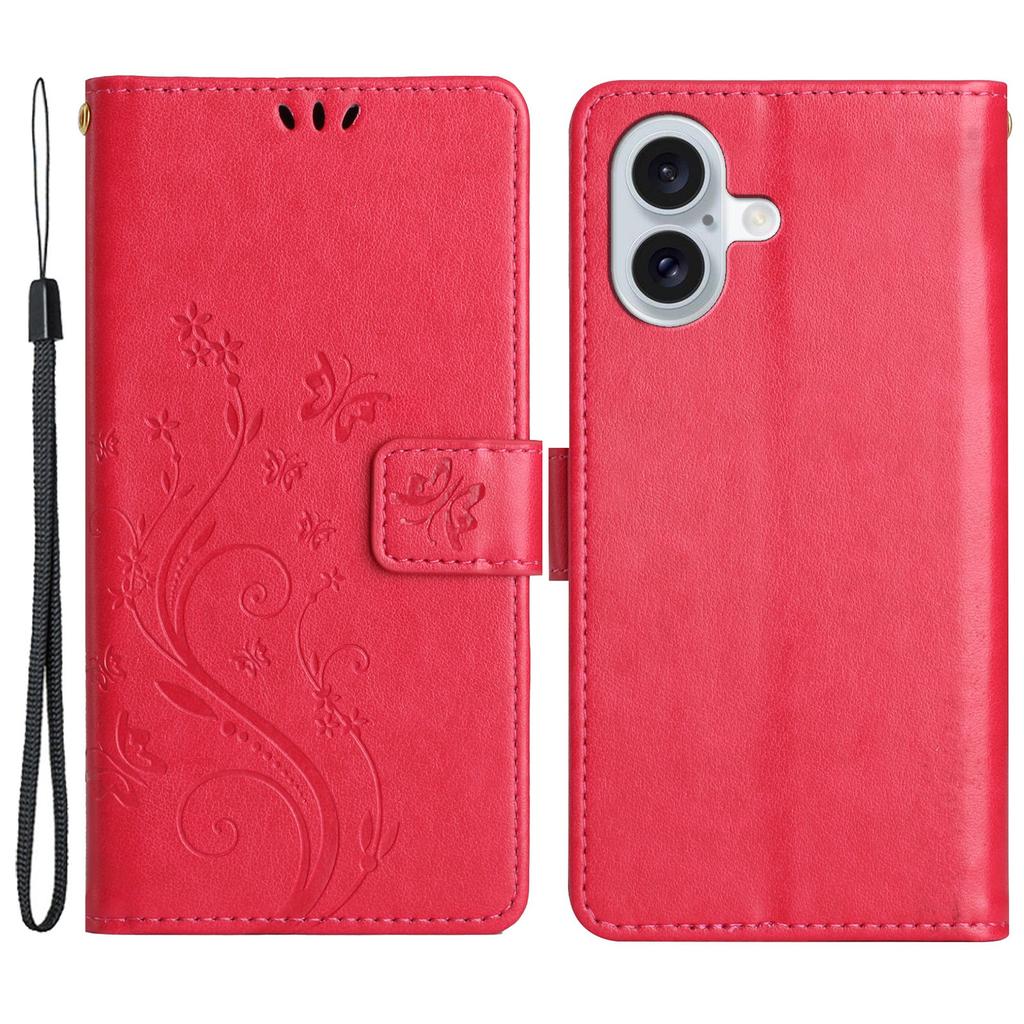 For iPhone 16 Plus Case Wallet PU Leather Butterfly Floral Phone Cover with Strap