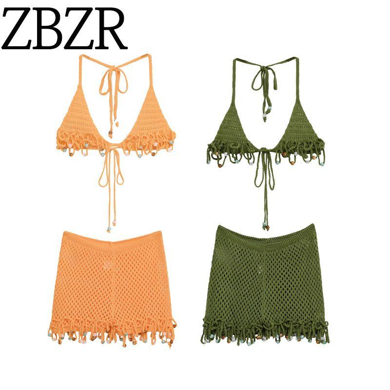 Zbzr Spring New Women Clothes Western Style Fashion Entirely Handmade Knitted Crochet Shorts Bikinis 2-Piece Set