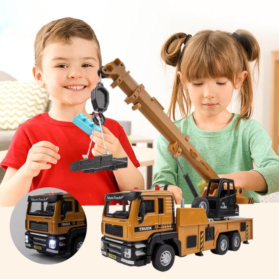 Children Engineering Truck Toy with Light & Sound Effect Flexible Long Arm Retractable Sling Simulation Lifting Crane Truck Model